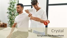  Presentation with rehab - Presentation theme having two-hispanic-men-physiotherapist background and a soft green colored foreground