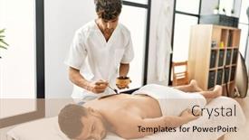  Presentation with lotion - Theme having two-hispanic-men-physiotherapist background and a  colored foreground