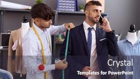  Presentation with talk - Slide set having two-hispanic-men-tailor-measuring background and a wine colored foreground