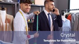  Presentation with talk - Slide set consisting of two-hispanic-men-tailor-measuring background and a ocean colored foreground