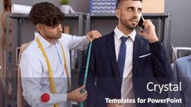  Presentation with talk - Presentation theme featuring two-hispanic-men-tailor-measuring background and a wine colored foreground