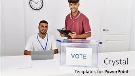  Presentation with party - Theme having two-hispanic-politic-party-workers background and a white colored foreground