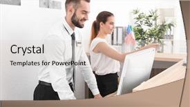  Presentation with hotel key - Beautiful PPT theme featuring two hotel receptionists at workplace backdrop and a light gray colored foreground