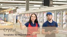  Presentation with merchandise - PPT layouts consisting of two-hypermarket-merchandise-specialists-wearing background and a soft green colored foreground