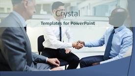  Presentation with intercultural - Slides having two intercultural businessmen handshaking after seminar background and a sky blue colored foreground