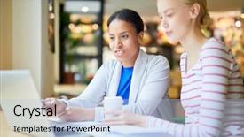  Presentation with intercultural - PPT layouts featuring two intercultural businesswomen sitting background and a light blue colored foreground