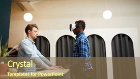  Presentation with intercultural - Presentation design featuring two intercultural casual guys standing background and a coral colored foreground