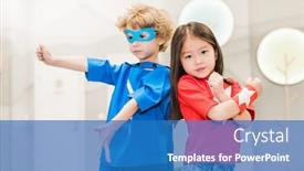  Presentation with super heroes - Cool new presentation with two-intercultural-children-in-costumes backdrop and a teal colored foreground