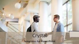  Presentation with intercultural - Cool new PPT theme with two intercultural college guys handshaking backdrop and a coral colored foreground