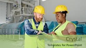  Presentation with construction sketch - Presentation theme with two-intercultural-engineers-in-workwear background and a mint green colored foreground