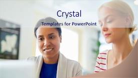  Presentation with intercultural - Slides enhanced with two intercultural female employees looking background and a sky blue colored foreground