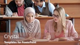  Presentation with lecture hall - Amazing PPT theme having two-intercultural-female-students backdrop and a tawny brown colored foreground