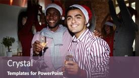  Presentation with flutes - Theme having two intercultural guys holding flutes with champagne while enjoying christmas party background and a gray colored foreground