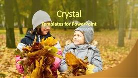  Presentation with autumn leaves - Colorful slide deck enhanced with two intercultural schoolkids with heaps backdrop and a tawny brown colored foreground