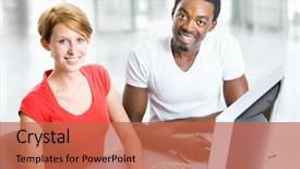  Presentation with international - Colorful slides enhanced with two international students studying together backdrop and a  colored foreground