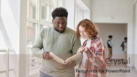  Presentation with college students - Theme having two-interracial-teenage-students background and a coral colored foreground