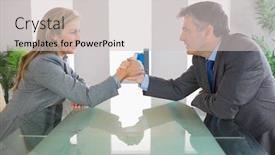  Presentation with wrestling - Presentation design having two irritated mature businesspeople having an arm wrestling sitting around a table at office background and a light gray colored foreground