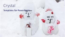  Presentation with snowmen - PPT theme having two japanese snowmen with red gloves in the snow on cold winter day background and a sky blue colored foreground