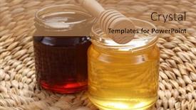  Presentation with nutrition - Colorful theme enhanced with two jars of sweet honey - nutrition concept backdrop and a coral colored foreground