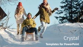  Presentation with girls running - PPT theme having two-joyful-girls-in-winterwear background and a seafoam green colored foreground