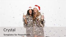  Presentation with new year - Theme having two joyful smartly dressed girls background and a light gray colored foreground