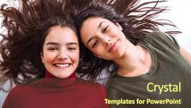  Presentation with heads - Slides with two joyful teenager girl friends laying on the floor with their heads together background and a tawny brown colored foreground