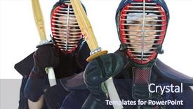 Presentation with martial arts - PPT layouts consisting of two kendo fighters posing together background and a tawny brown colored foreground