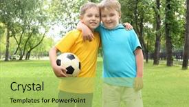  Presentation with mlb baseball game ball - Presentation enhanced with two kids - boys in the summer park background and a yellow colored foreground