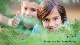  Presentation with happy kids - Colorful presentation theme enhanced with two kids - happy brothers in nature backdrop and a seafoam green colored foreground