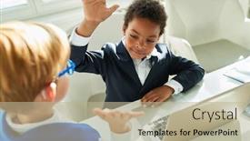  Presentation with success business - Cool new PPT layouts with two-kids-as-business-people backdrop and a mint green colored foreground