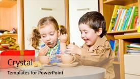  Presentation with kids birthday - Cool new slide deck with two kids at the birthday backdrop and a coral colored foreground