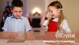  Presentation with christmas kids - Presentation theme enhanced with two kids baking gingerbread cookies at home on christmas eve background and a coral colored foreground