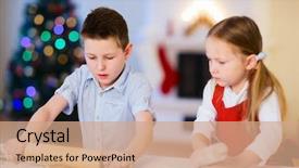  Presentation with christmas kids - Theme having two kids baking gingerbread cookies at home on christmas eve background and a coral colored foreground