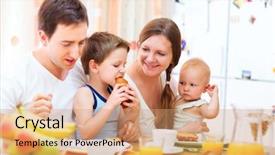  Presentation with happy korean kids - PPT theme enhanced with two kids having breakfast together background and a coral colored foreground