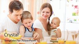  Presentation with happy korean kids - PPT theme featuring two kids having breakfast together background and a coral colored foreground