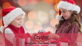  Presentation with christmas kids - PPT theme with two kids in santa hat sharing christmas gift boxes against digitally generated colorful background background and a red colored foreground