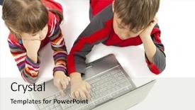  Presentation with notebook - Slide set consisting of two kids looking at notebook - laying flat on the floor background and a soft green colored foreground