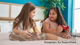  Presentation with kids playing - Slide deck with two-kids-playing-video-game background and a coral colored foreground