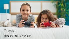  Presentation with kids playing - PPT theme featuring two-kids-playing-video-game background and a light gray colored foreground
