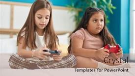  Presentation with kids playing - Theme having two-kids-playing-video-game background and a coral colored foreground
