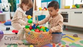  Presentation with kids playing - Theme enhanced with two-kids-playing-with-balls background and a coral colored foreground