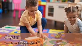  Presentation with kids playing - Presentation having two-kids-playing-with-cars background and a coral colored foreground