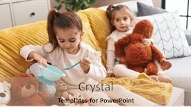  Presentation with kids playing - PPT theme featuring two-kids-playing-with-dolls background and a coral colored foreground