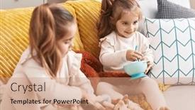  Presentation with kids playing - Presentation design having two-kids-playing-with-dolls background and a coral colored foreground