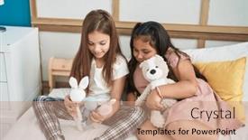  Presentation with kids playing - Presentation design enhanced with two-kids-playing-with-dolls background and a coral colored foreground