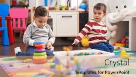  Presentation with kids playing - Presentation theme having two-kids-playing-with-toys background and a coral colored foreground