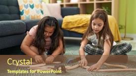  Presentation with kids playing - Presentation design featuring two-kids-playing-with-train background and a tawny brown colored foreground