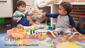  Presentation with xylophone - Presentation theme featuring two-kids-playing-xylophone background and a coral colored foreground