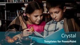  Presentation with kids reading book - Audience pleasing slides consisting of wood terrace and blurred of abstract bokeh background of christmas tree decoration for merry christmas xmas and happy new year process in vintage style backdrop and a gray colored foreground