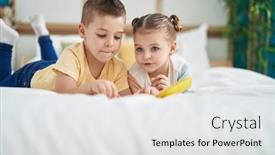 Presentation with kids reading book - Presentation design featuring two-kids-reading-story-book background and a white colored foreground